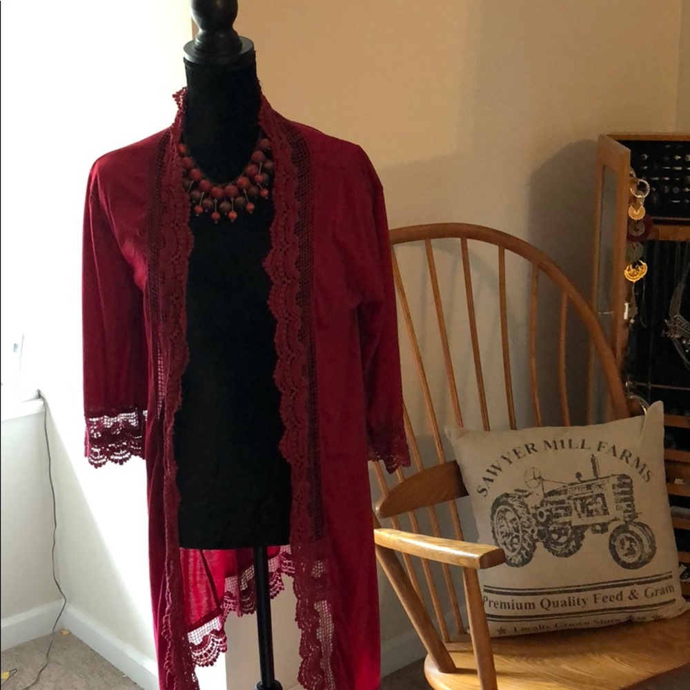 Long red cardigan